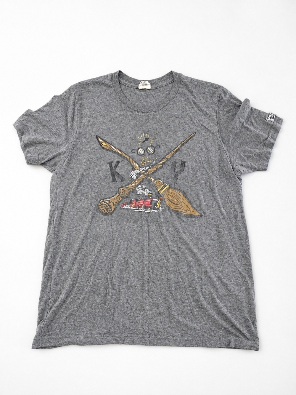 Gray Graphic Short Sleeve Tee with Broom & Wand Motif